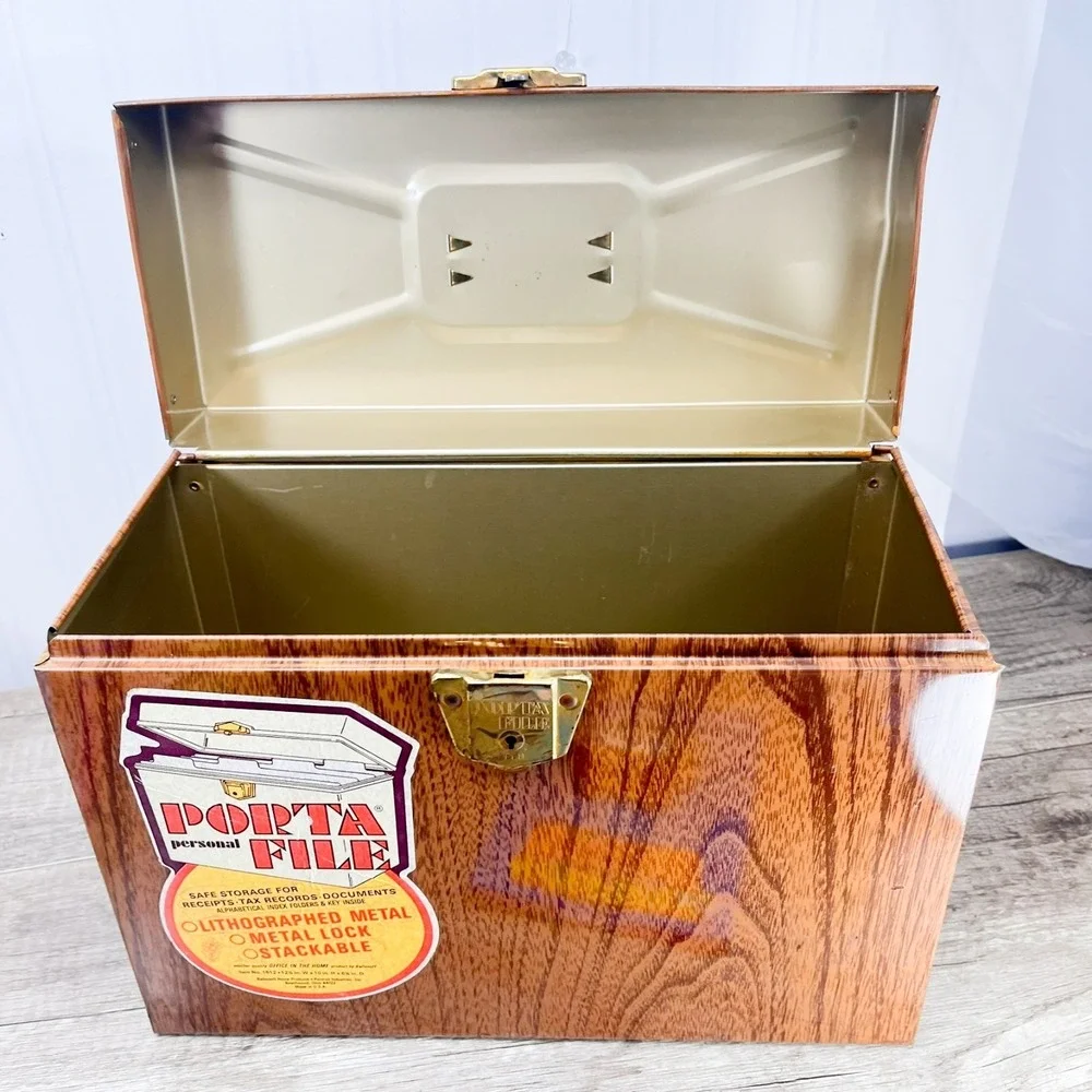Vintage Ballonoff‎ Porta File 1612 Metal Storage Box Case Wood Grain No Key